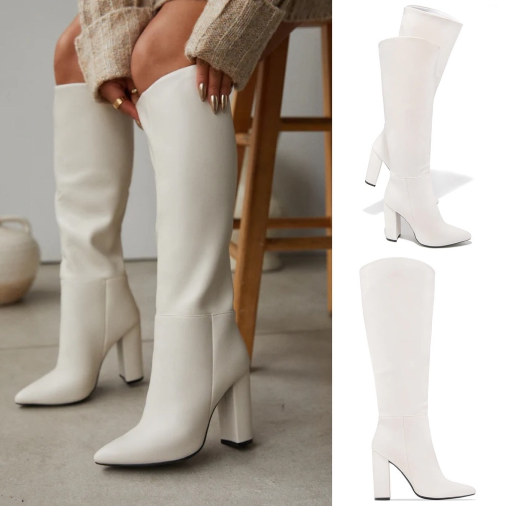 Woman’s below knee faux leather HEEL OFF-WHITE BOOTS - Picture 4 of 6